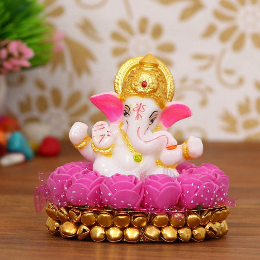 Lord Ganesha Idol on Decorative Handcrafted Plate with Pink Flowers