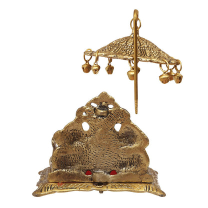 Metal Singhasan Traditional Deity Throne with Elephant Carving Antique Gold Finish & Red Velvet Cushion for Mandir& janmashtami - 6.5 Inch