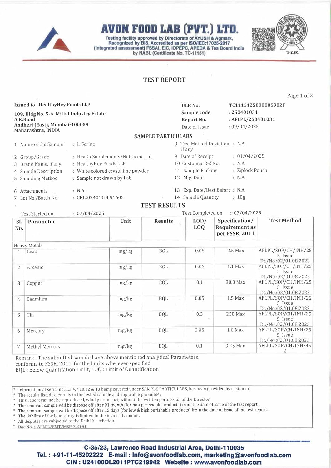 Avon Food Lab test report with various parameters and results.