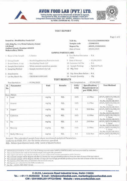Avon Food Lab test report with various parameters and results.