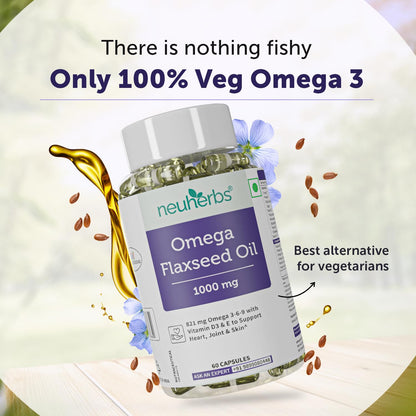 Neuherbs Flaxseed Oil Omega 3 6 9 Capsules 1000mg For Men & Women | Cold Pressed Flaxseed Oil Veg Omega-3 Supplement With Vitamin D3 & E | Supports Heart, Joint & Skin Health - 60 Softgels