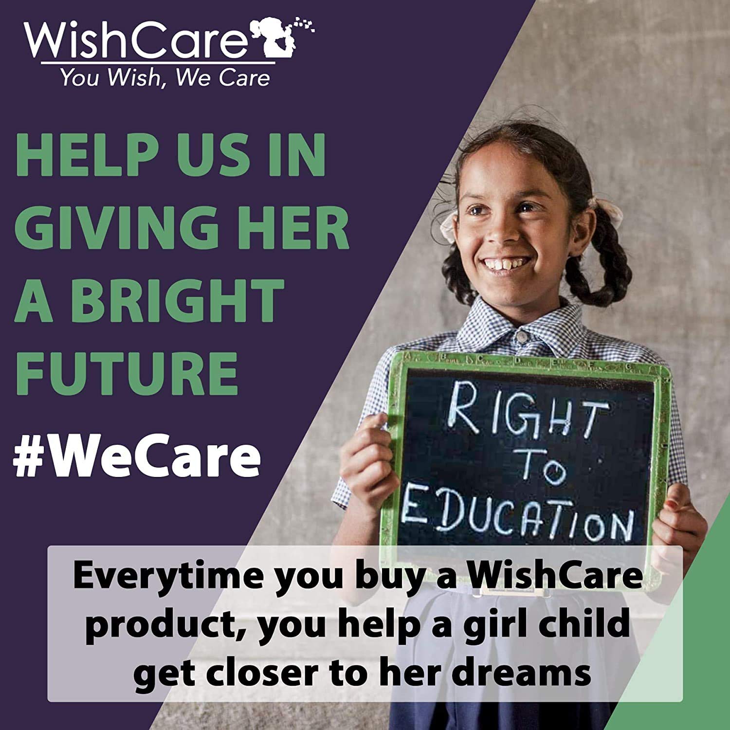 Girl holding a sign with 'Right to Education' and promotional text for WishCare on a gradient background.