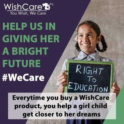 Girl holding a sign with 'Right to Education' and promotional text for WishCare on a gradient background.