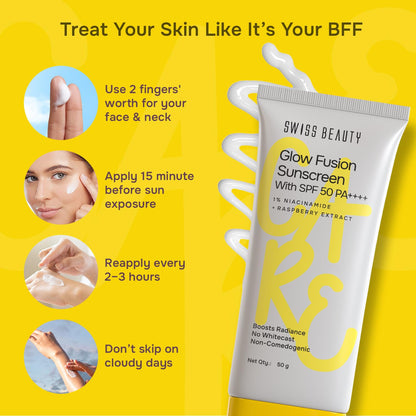 Swiss Beauty Care Glow Fusion Sunscreen SPF50 PA++++ | 1% Niacinamide & Raspberry Extract | Boosts Radiance | Fights Premature Signs Of Aging | 50gm