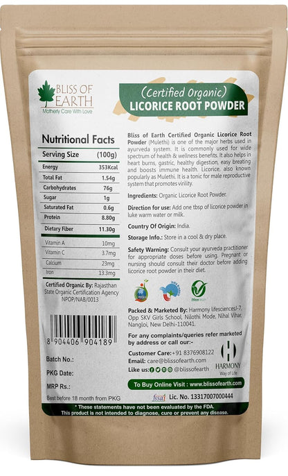 Bliss of Earth Organic Licorice Root Powder For Eating Mulethi Powder For Digestion Skin Whitening Hair & face 453 gm