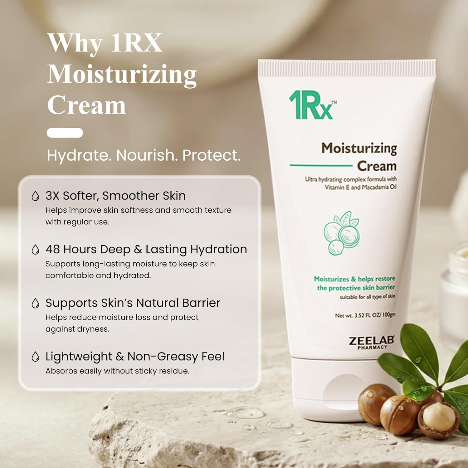 1RX Moisturizing Cream with product details on a neutral background