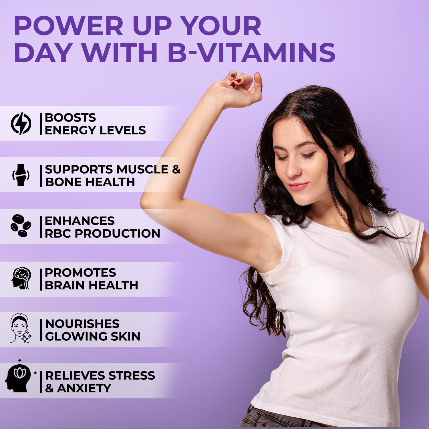 Woman flexing arm with text about B-vitamins on a purple background