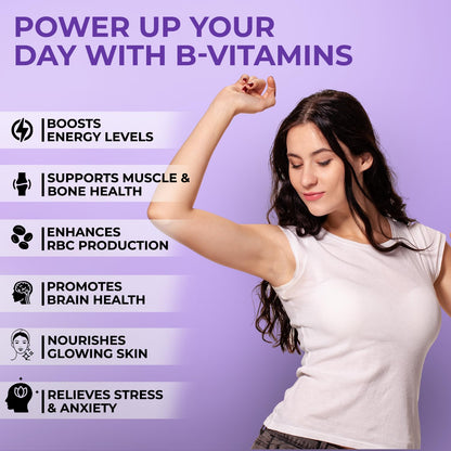 Woman flexing arm with text about B-vitamins on a purple background