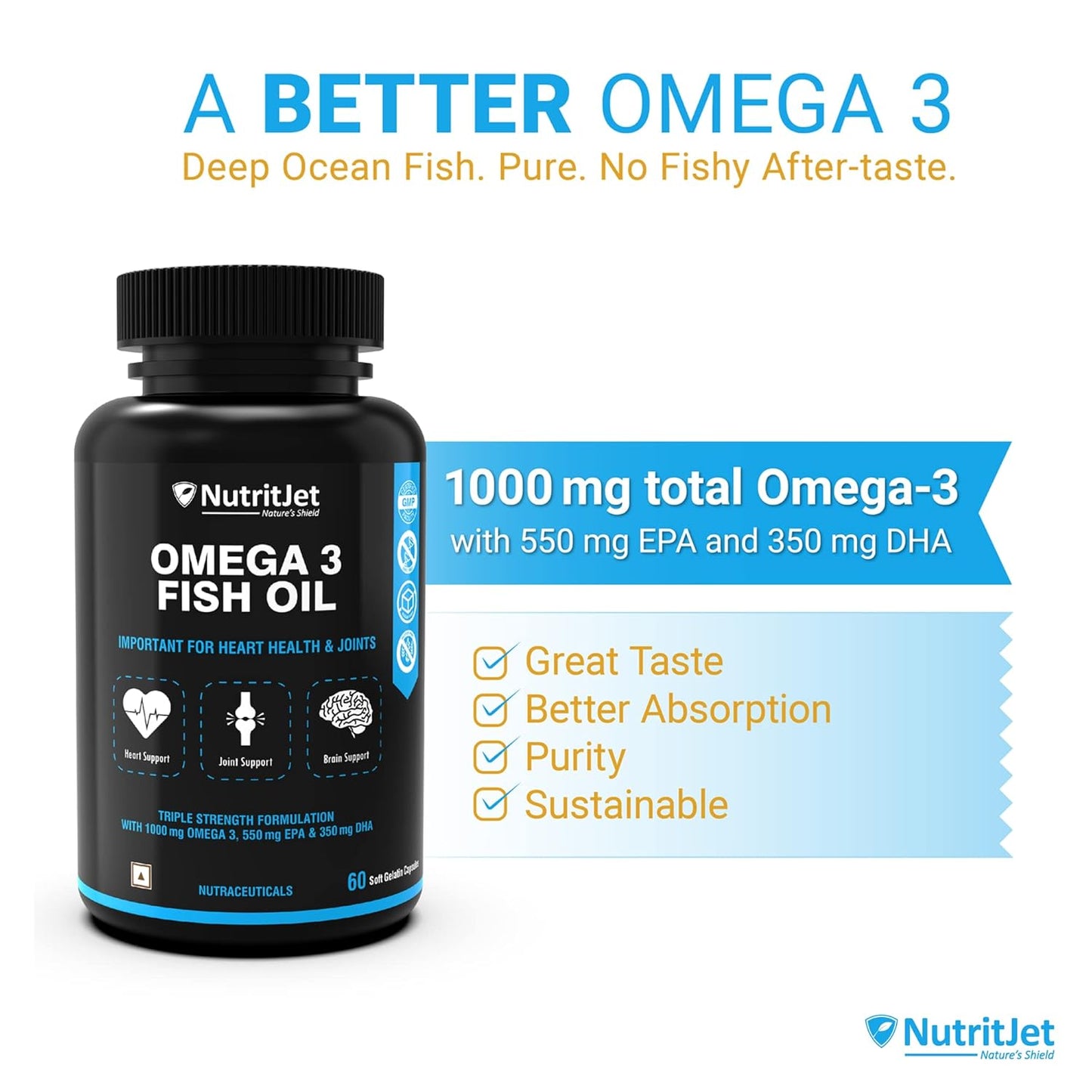 NutritJet Omega 3 Fish Oil 1000mg High Strength with 550 mg EPA and 350 mg DHA for Healthy Heart, Joint Care, Better Skin & Bones Health - 60 Softgels