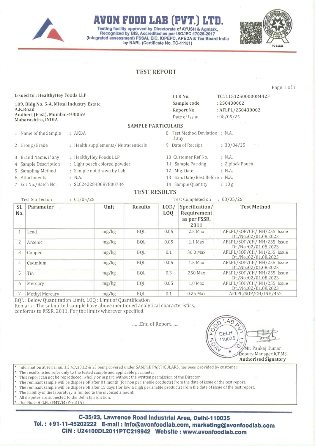 Avon Food Lab test report with various parameters and results.
