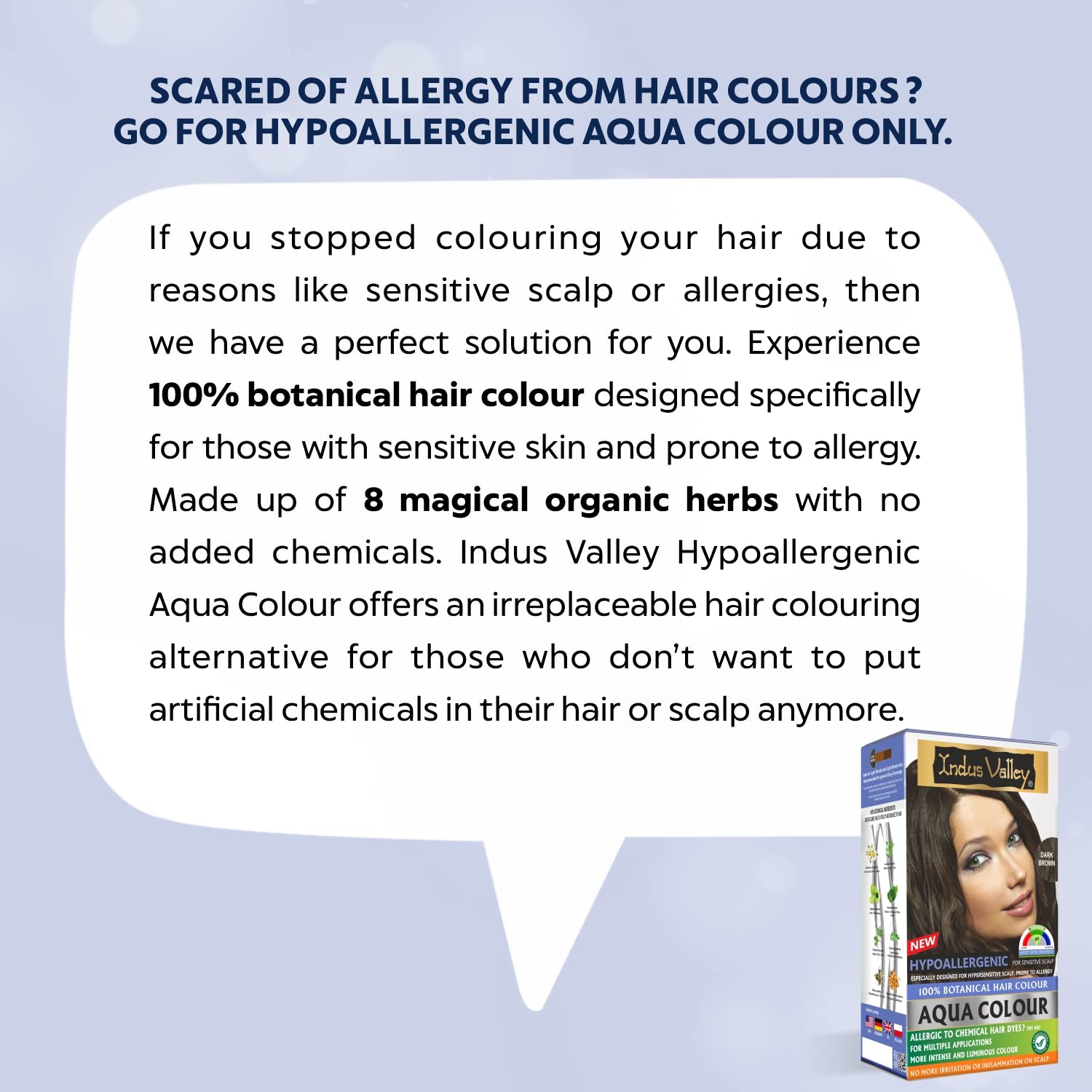 Advertisement for Indus Valley Hypoallergenic Aqua Colour with text and product packaging on a light blue background.