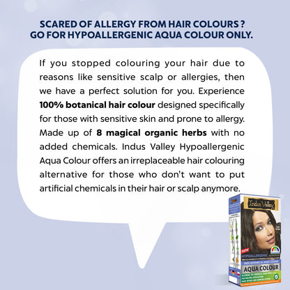 Advertisement for Indus Valley Hypoallergenic Aqua Colour with text and product packaging on a light blue background.