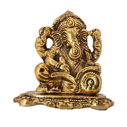 Designer Metal Lord Ganesha Statue Golden Brass Hindu God Ganesh Ganpati Sitting Idol Blessing Ganpati Sculpture for Home Decor Diwali Puja Home Decoration Festival Gifts