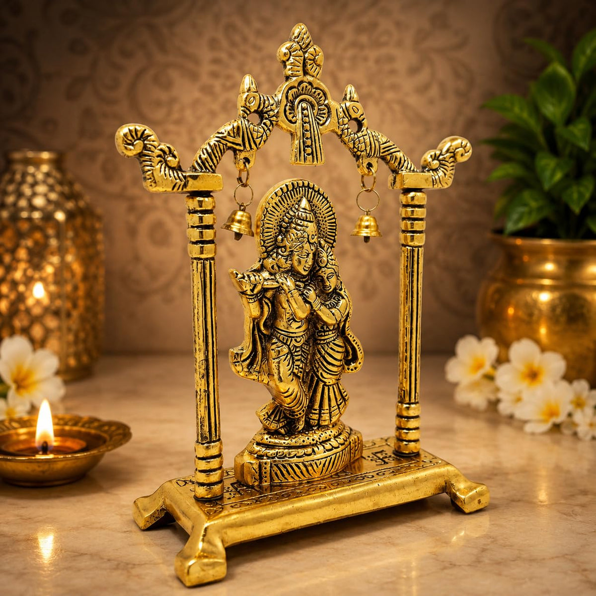 Gold Plated Metal Laddu Gopal Ji Jhula Idol with Antique Golden Finish, Bal Krishna Swing Statue Showpiece for Home, Pooja Room, Living Room, Office Decor, Janmashtami and Gifting