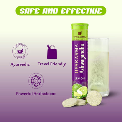 UPAKARMA Ashwagandha Lemon Flavour Effervescent Tablets | Helps Relieve Stress, Mood Lifter, Immunity Booster | R&D Backed and Lab Tested - Pack of 1