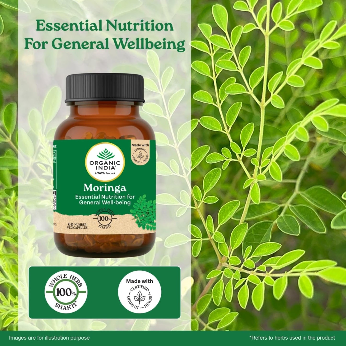 Bottle of Organic India Moringa supplement with green leaves in the background