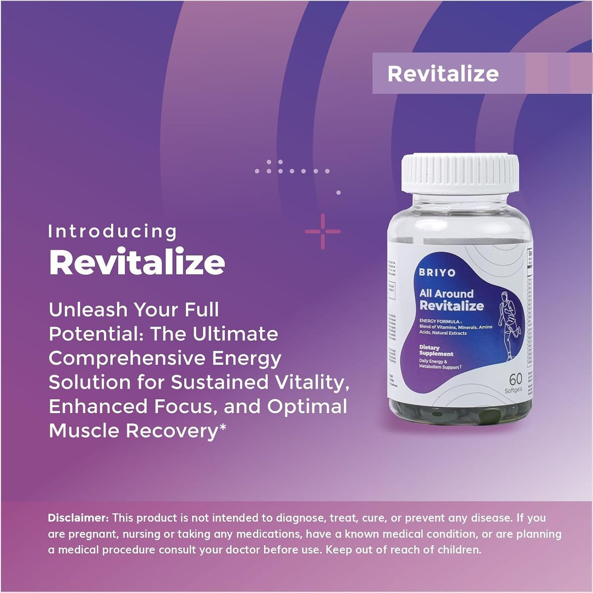 Bottle of 'Revitalize' supplement with promotional text on a purple background
