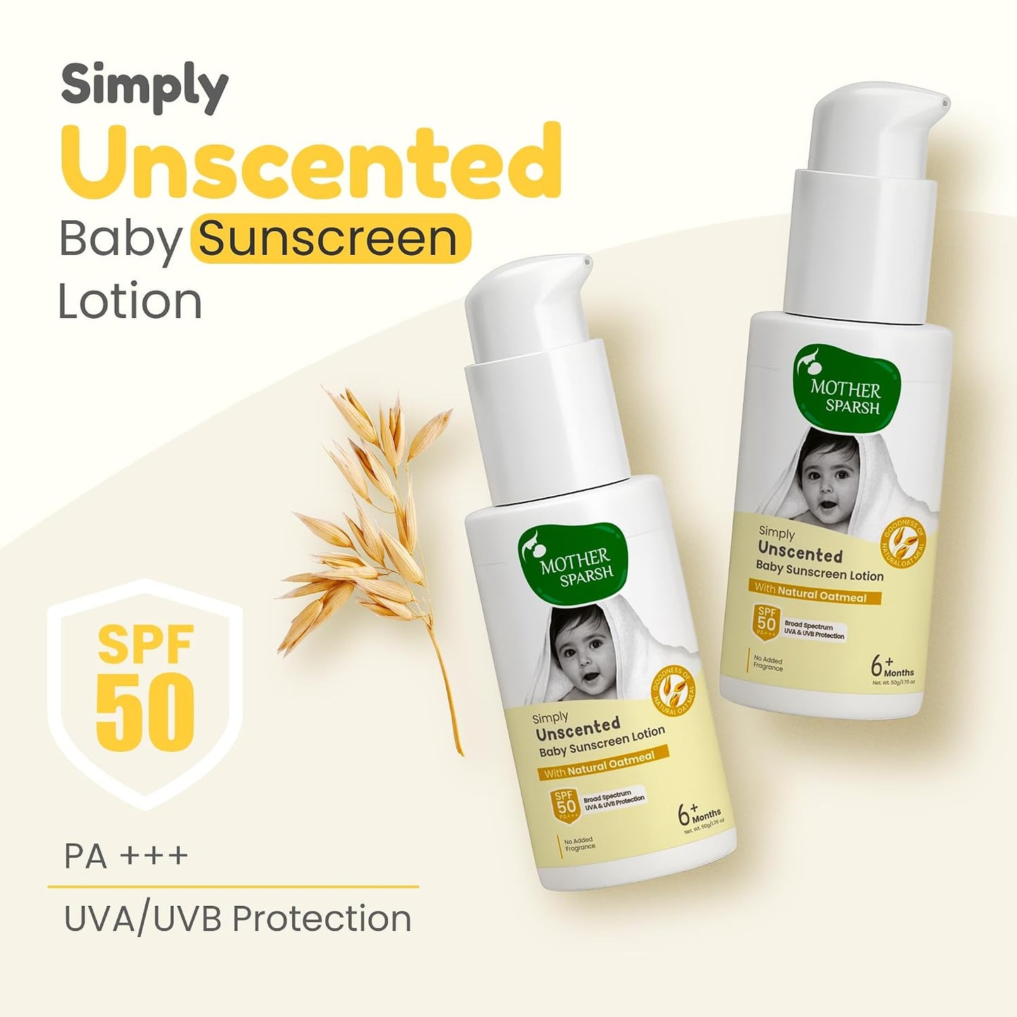 Mother Sparsh Simply Unscented Sunscreen for Baby & Kids with Natural Oatmeal -50g, with SPF 50 & UVA/UVB Protection | Fragrance-Free for Sensitive Skin