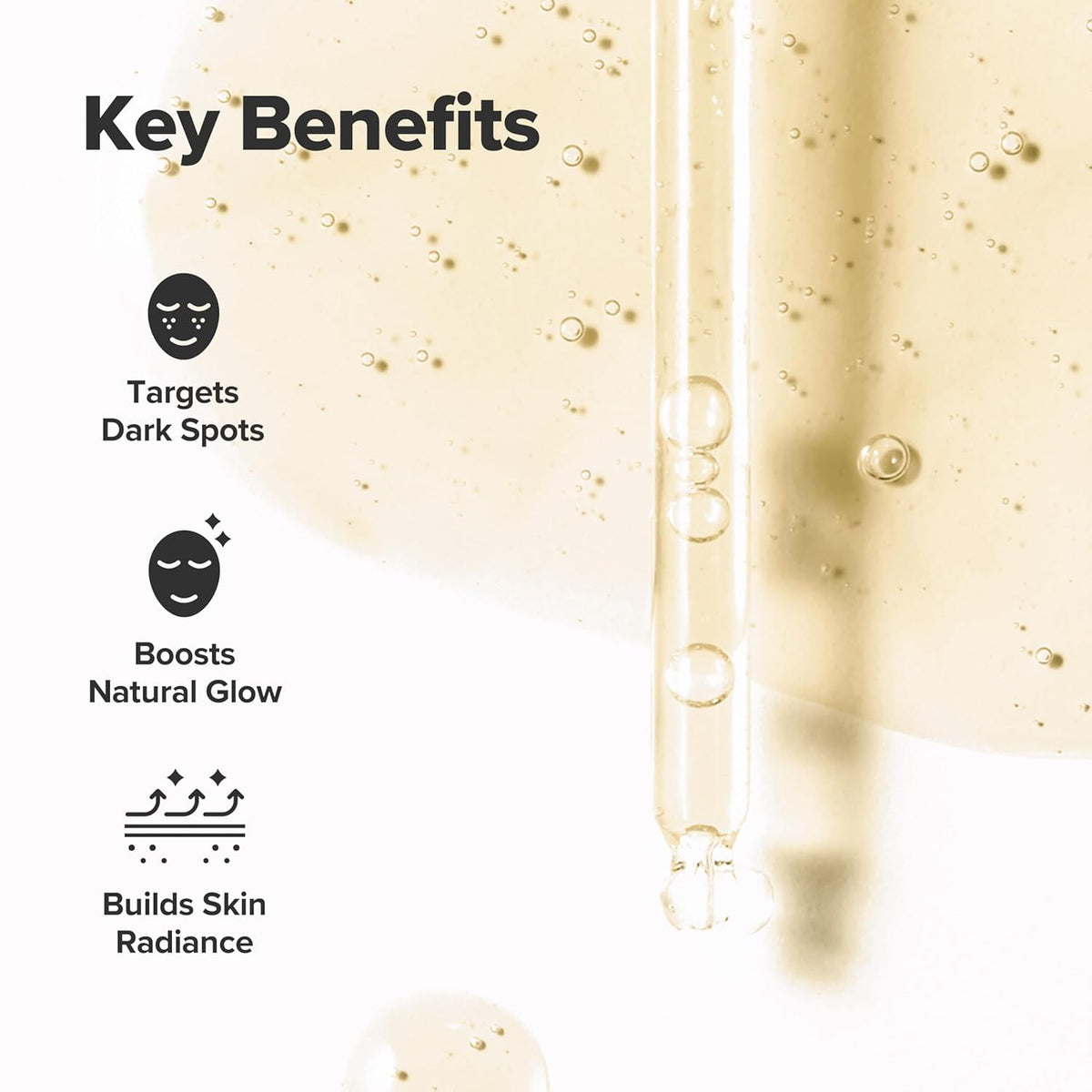 Key benefits of a skincare product with dropper and text on a white background