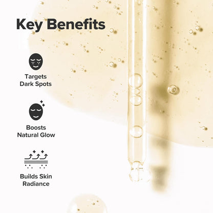 Key benefits of a skincare product with dropper and text on a white background
