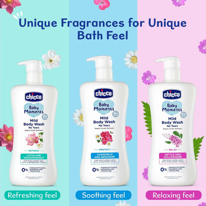 Chicco Baby Moments Mild Body Wash Relax, New Advanced Formula with Natural Ingredients, No Tears & Soap-Free, Mild formula for Baby’s Body & Face Wash, No Phenoxyethanol and Parabens (200ml)