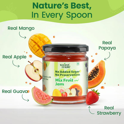 Sweetmate Mix Fruit Jam for Kids and Adults - (220g) | 100% Pure No Added Sugar | With Real Fruit Pulp | Naturally Sweetened | Diabetic and Keto Friendly | Delicious Jam