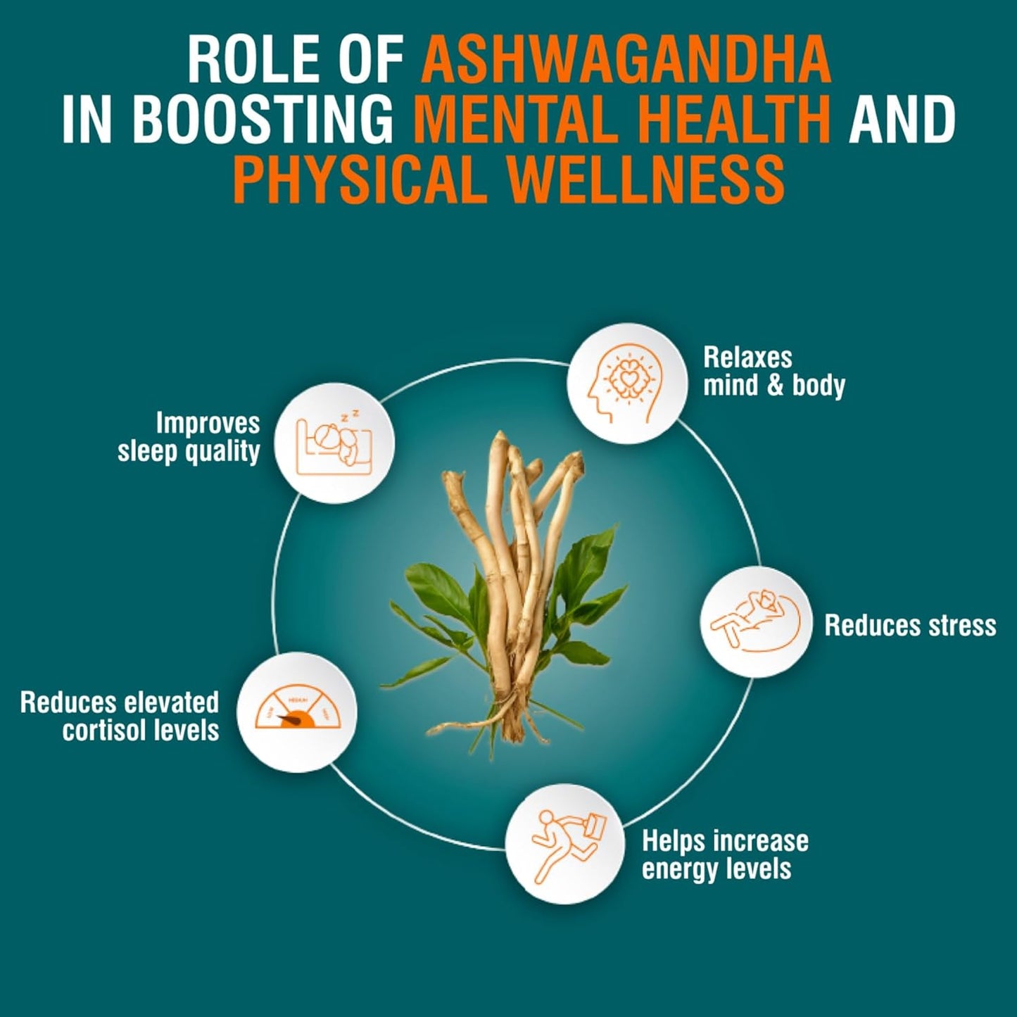 Infographic on the role of Ashwagandha in boosting mental health and physical wellness with a central image of an ashwagandha root.