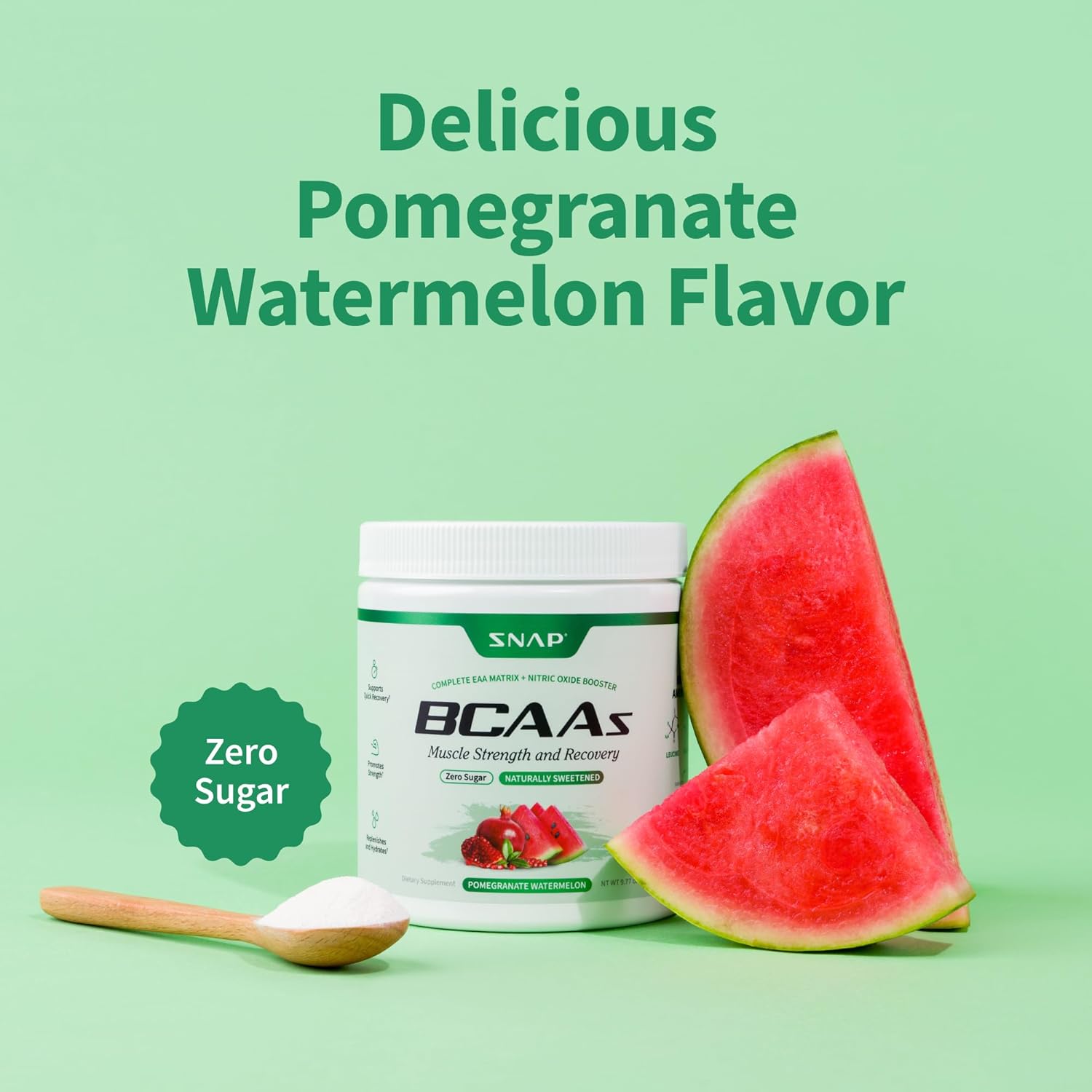 BCAAs supplement with pomegranate watermelon flavor on a green background