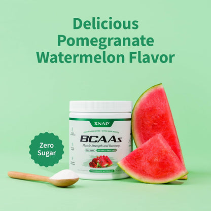 BCAAs supplement with pomegranate watermelon flavor on a green background