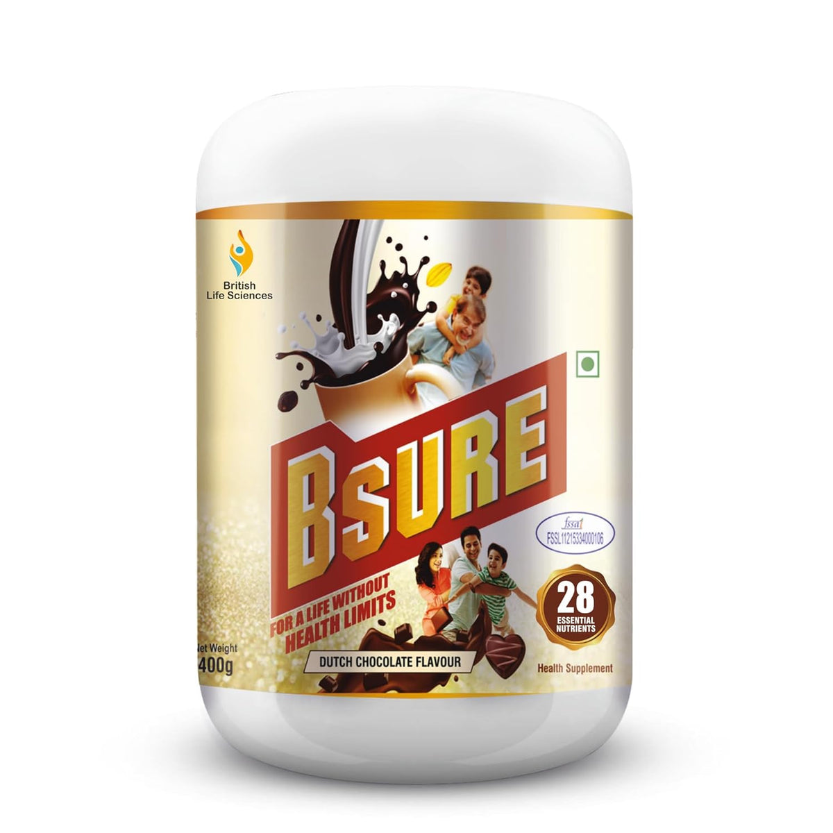 Bsure health supplement container with Dutch chocolate flavor on a white background