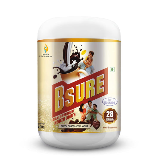 Bsure health supplement container with Dutch chocolate flavor on a white background