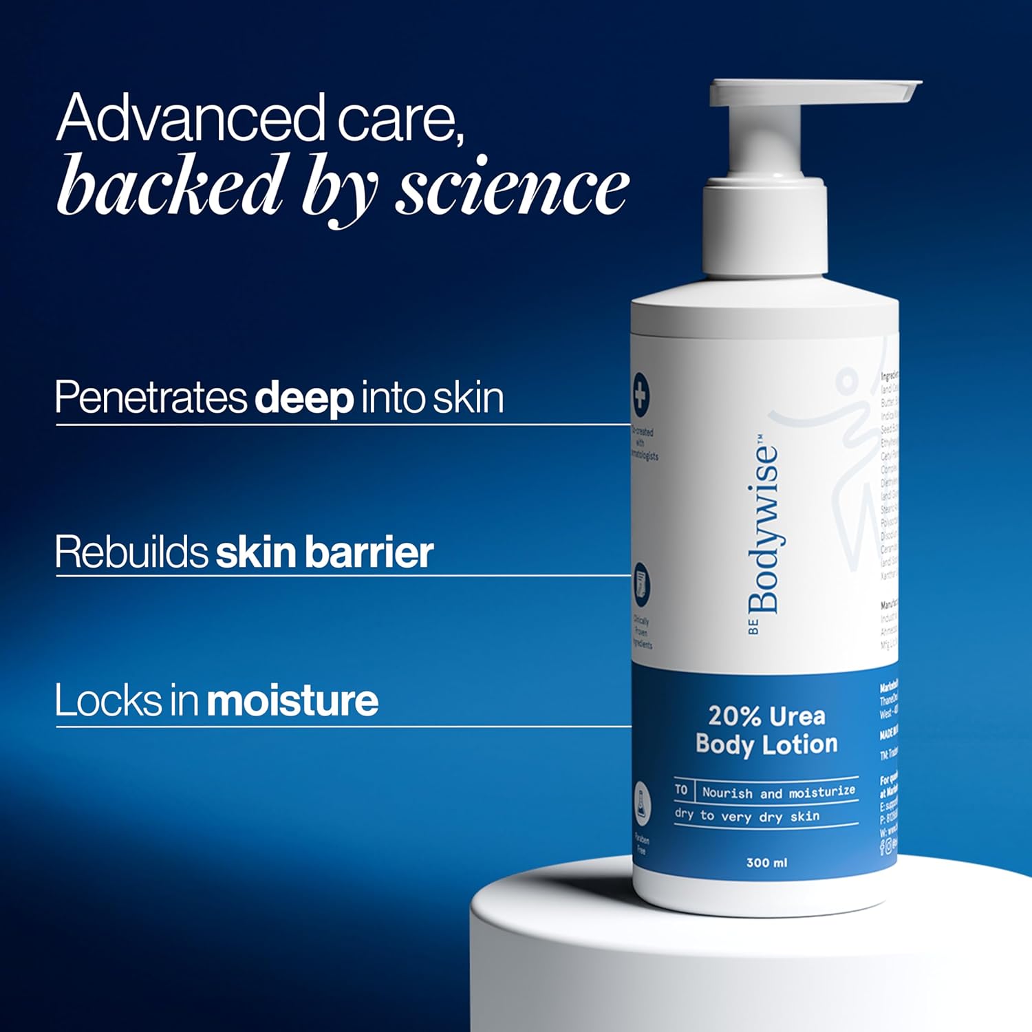 Bodywise 20% Urea Body Lotion bottle on a blue background with text about product benefits.