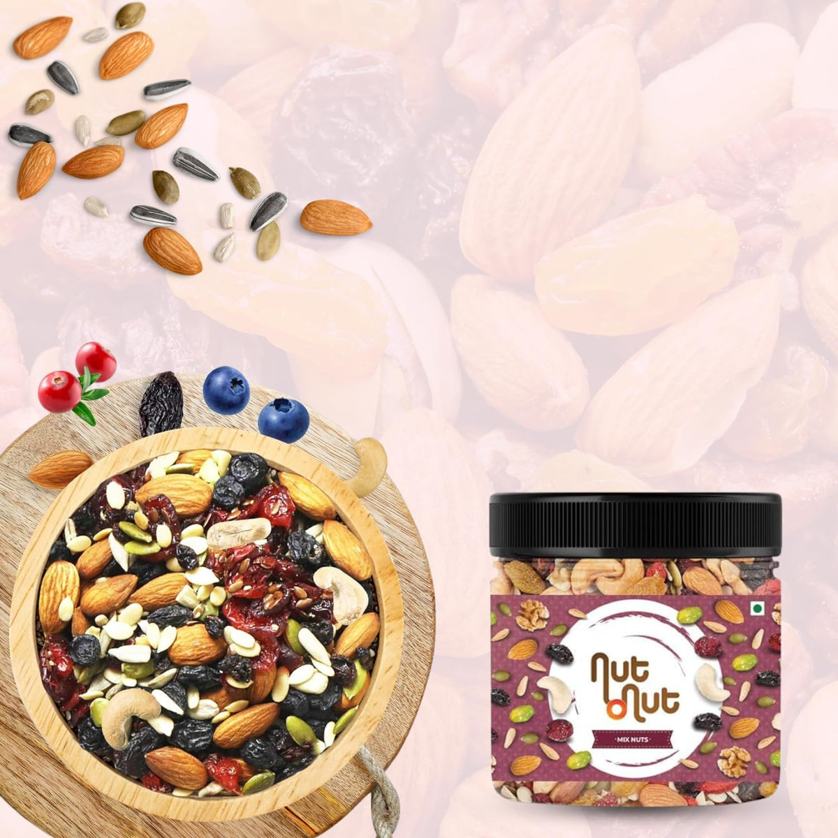 Nut O Nut Healthy Mix Dry Fruits (Almond,Cashew(W240),Walnut,Green And Black Raisin Cranberry,Sunflower Seeds,Pumpkin Seeds) Nuts (Jar Pack) 250G Power Of 9 Dry Fruits Protein Rich Snack Panchmeva