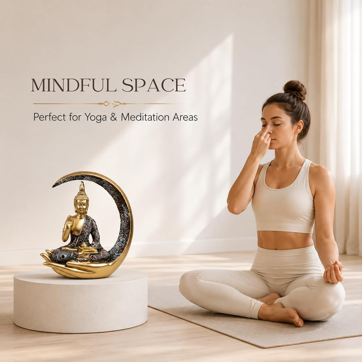 10 Inches 3D Resin Lucky Golden Crescent Moon Meditating Buddha Statue | Lord Gautam Buddha Idol for Home Decor, Living Room, Office & Gifting