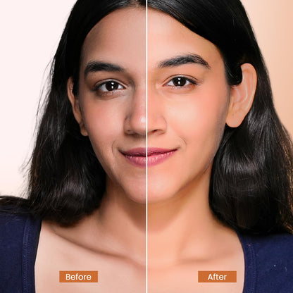 Before and after comparison of a woman's face with a neutral background