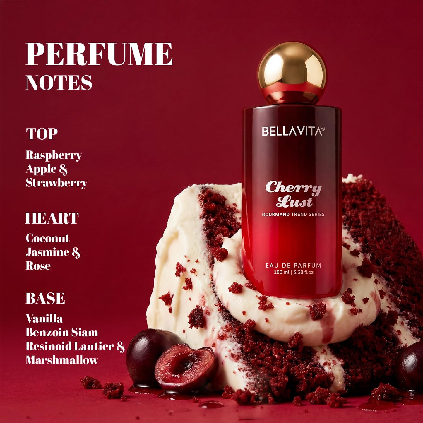BELLAVITA Cherry Lust | Long Lasting EDP | 100ml | Perfume for Man | Perfume for Woman | Smells Like a Snack | Cherry, Strawberry, Vanilla & Marshmallow | Premium Unisex Gourmand Fragrance