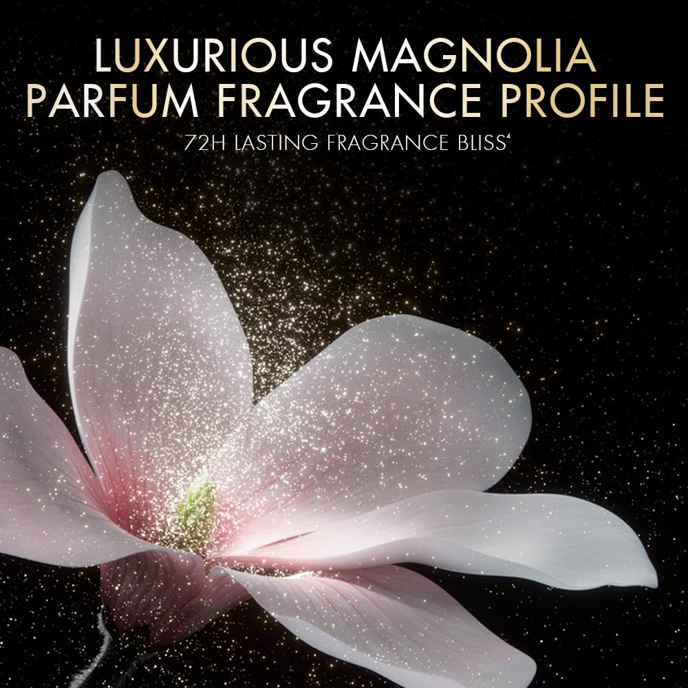 Pink magnolia flower with sparkling effect on a dark background, promoting luxurious magnolia parfum fragrance.
