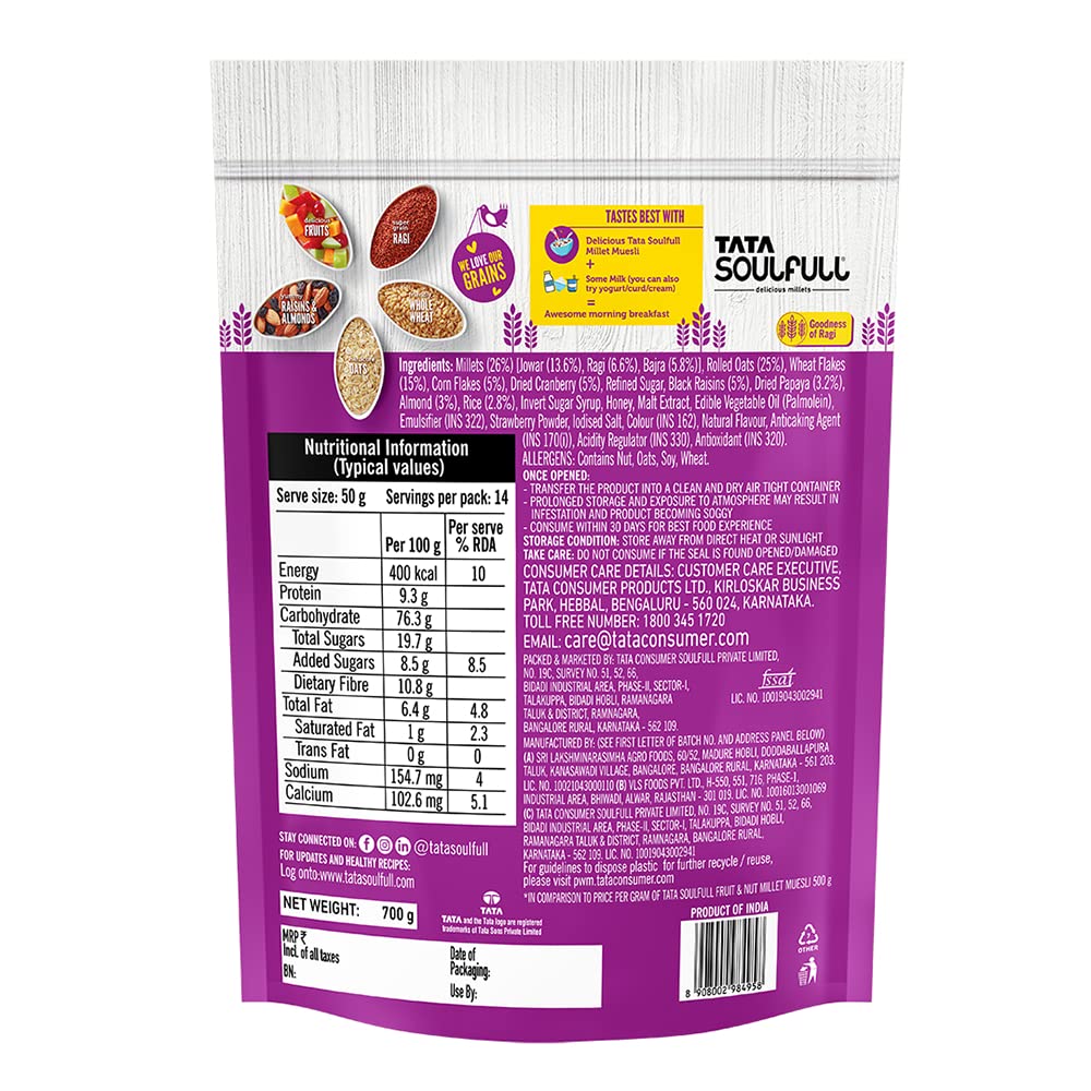 Tata Soulfull Millet Muesli, Fruit & Nut, 700 g, With 20% Crunchy Millets, 90% Whole Grains, Source of Protein, High in Fibre, Contains Ragi, Jowar & Bajra