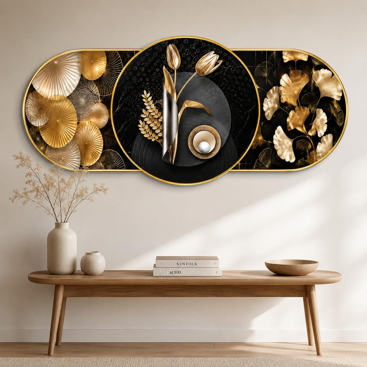 Abstract Golden Leaf Wall Painting for Living Room Bedroom Kids Room Decor, Black Gold Round Modern Art with Premium PVC Golden Frame (16 x 35 Inch)