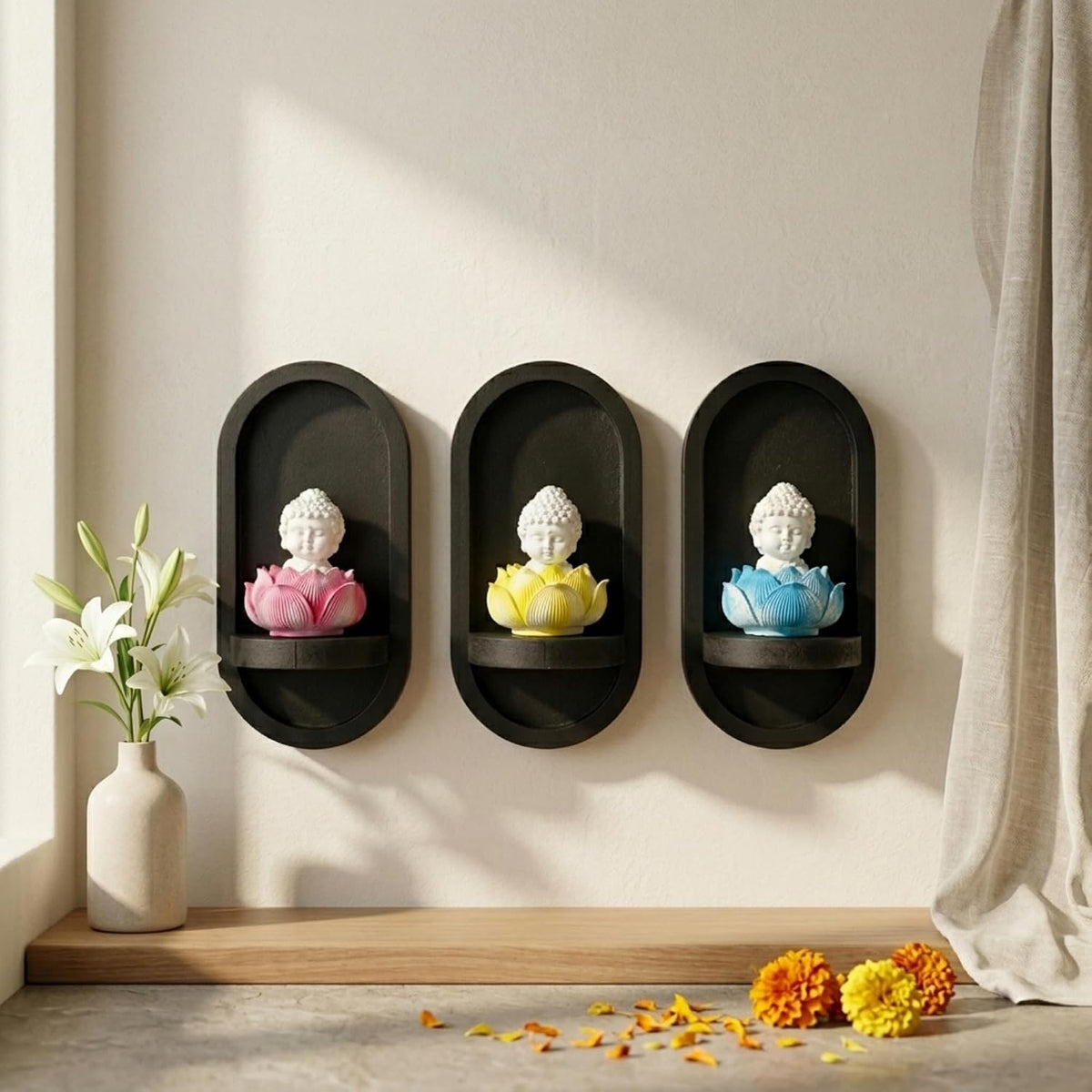 eCraftIndia Set of 3 White Lord Buddha Idols in Lotus Base | Baby Buddha Statues for Car Dashboard Office Home Decor | Gift for Diwali Housewarming Birthday