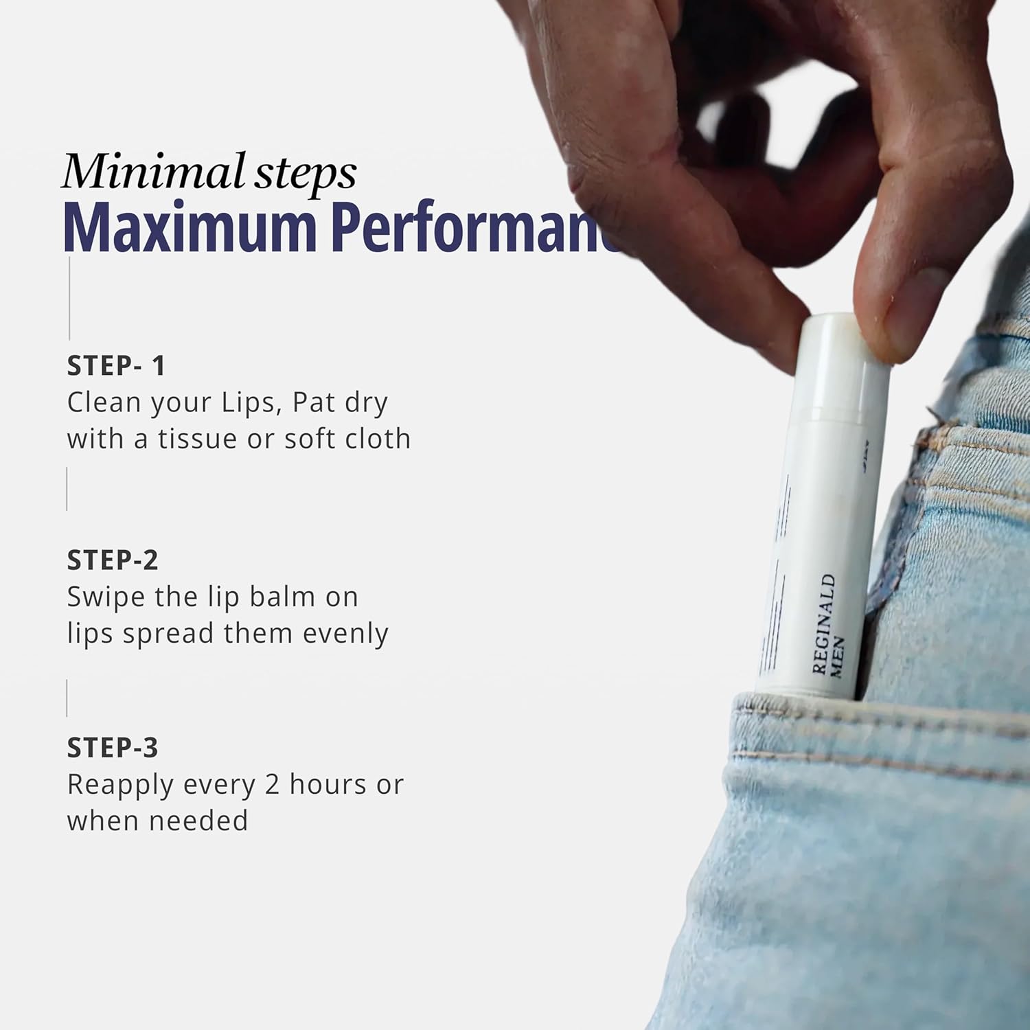 Lip balm being applied with usage instructions on a white background
