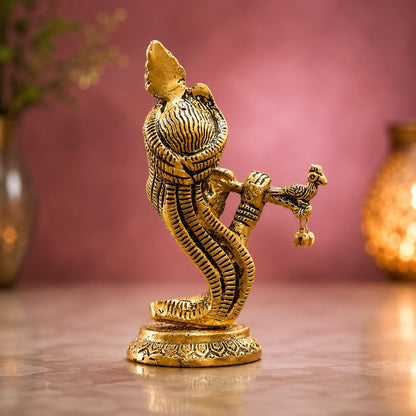 KridayKraft Lord Krishna Idol Playing Flute with Peacock, 14 cm Golden Aluminium Bansuri Krishna Murti for Home Mandir, Pooja Room, Janmashtami Décor & Religious Gifting