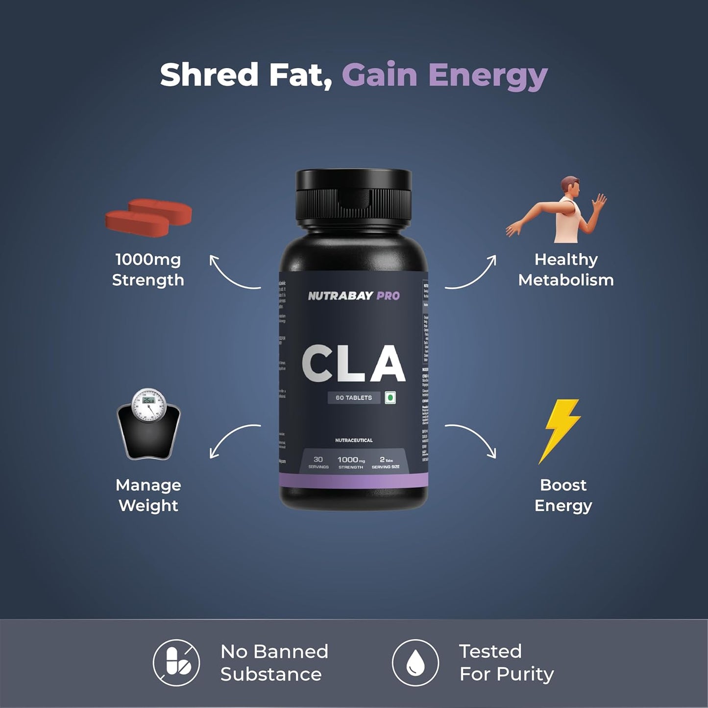 CLA supplement bottle with health benefits on a dark background