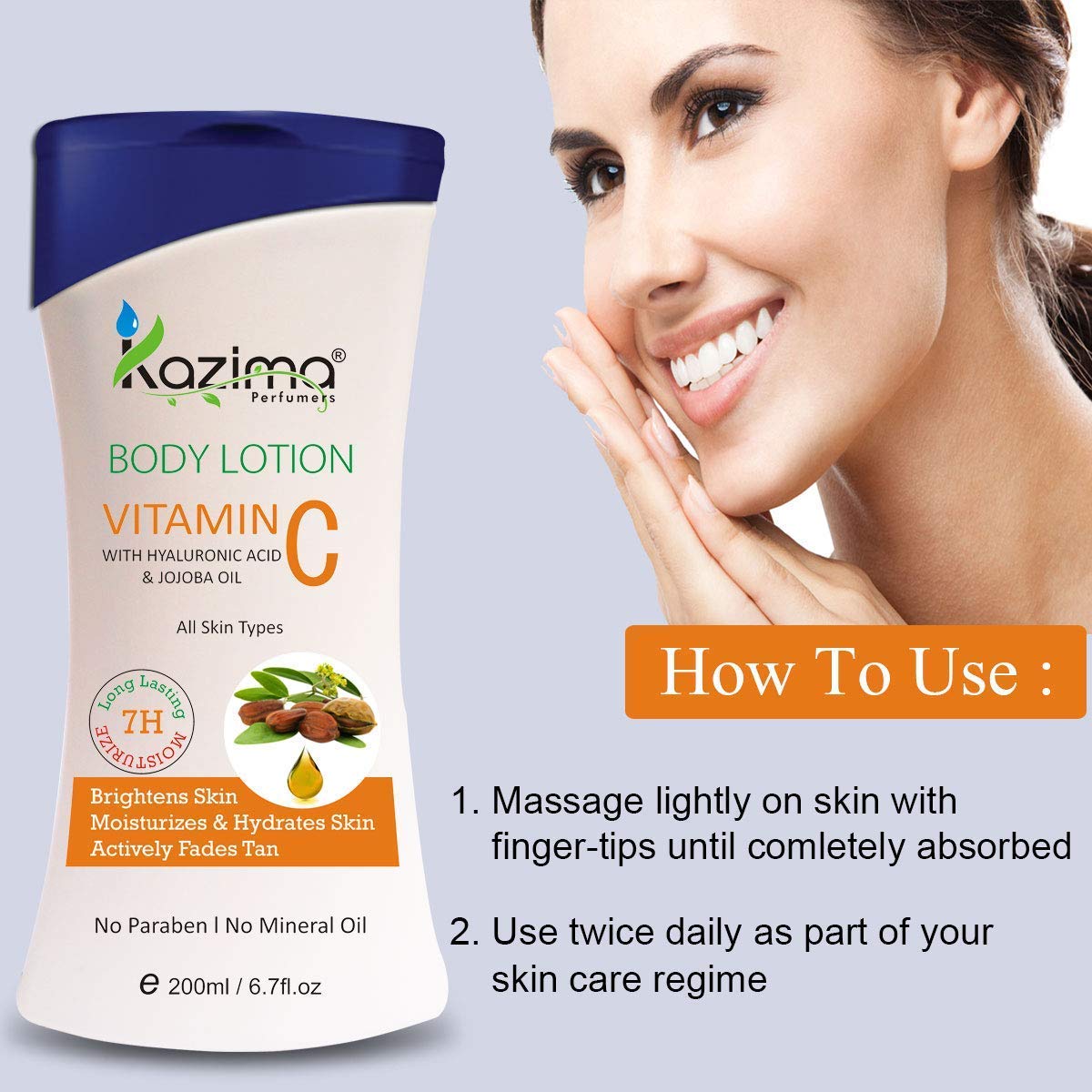 KAZIMA VITAMIN-C BODY LOTION (200ML) with Hyaluronic & Jojoba Oil For Skin Moisturizer & Hydrates Skin