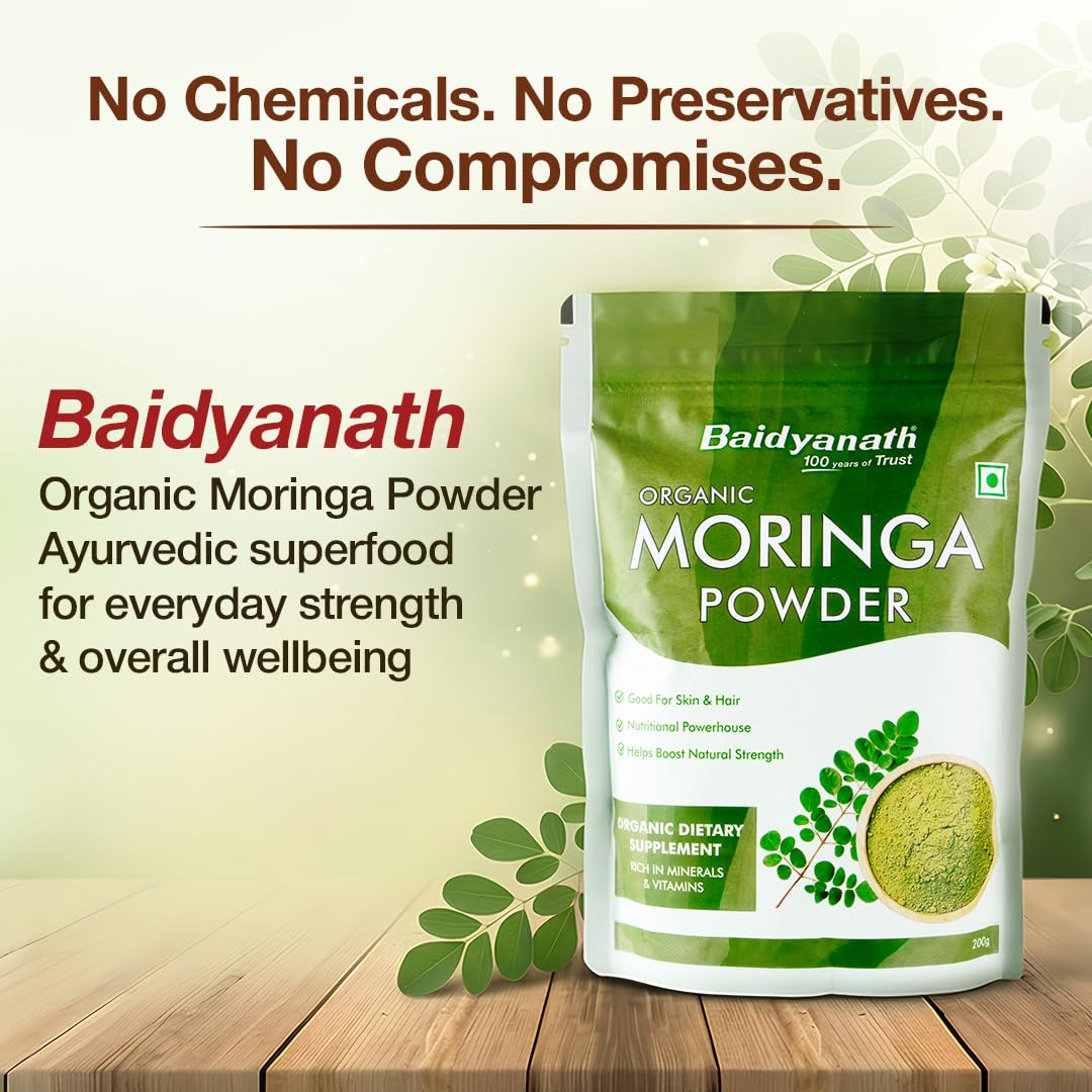 Baidyanath Ayurved Certified Organic Moringa Powder 200 gm | Pure Moringa (Drum Stick) Powder | Green Superfood for Energy, Immunity & Daily Wellness | Plant-Based Herbal Nutrition Supplement