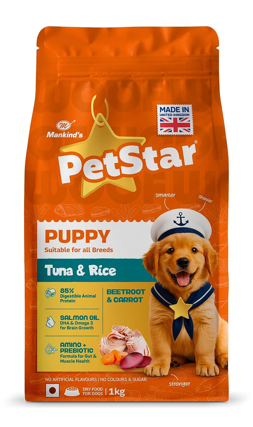 Petstar Puppy Dry Dog Food 1 kg, Tuna & Rice Formula, High Protein, Easy Digestion, Immunity Support, No Artificial Flavours or Added Sugar