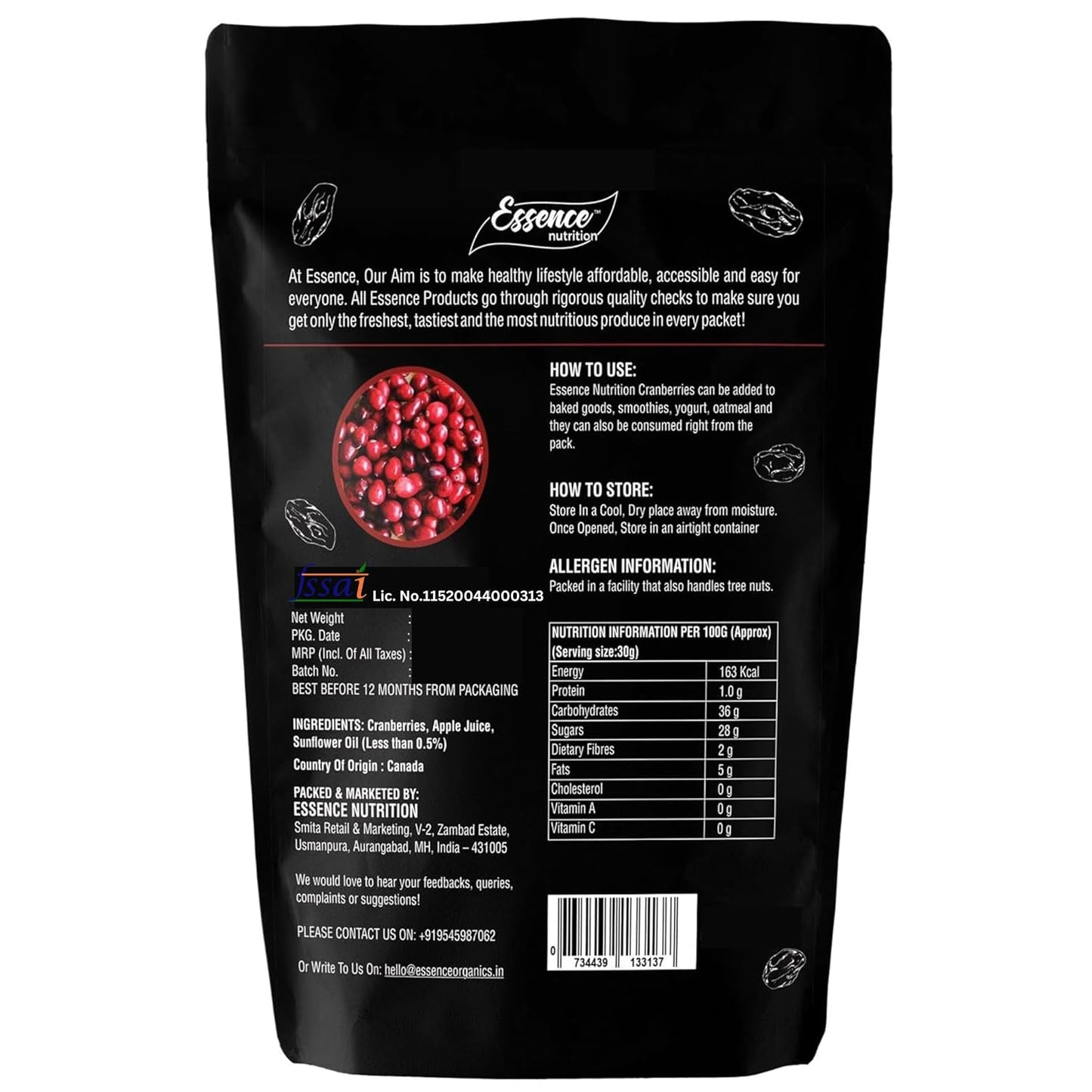Essence Nutrition Whole Dried Cranberries - Gluten Free, Unsulphured [ Imported From Canada ] - Cranberry Dry Fruit Without Sugar