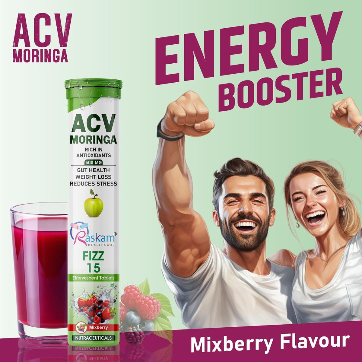 ACV Moringa energy booster supplement with a glass of juice and a happy couple on a green and pink background.