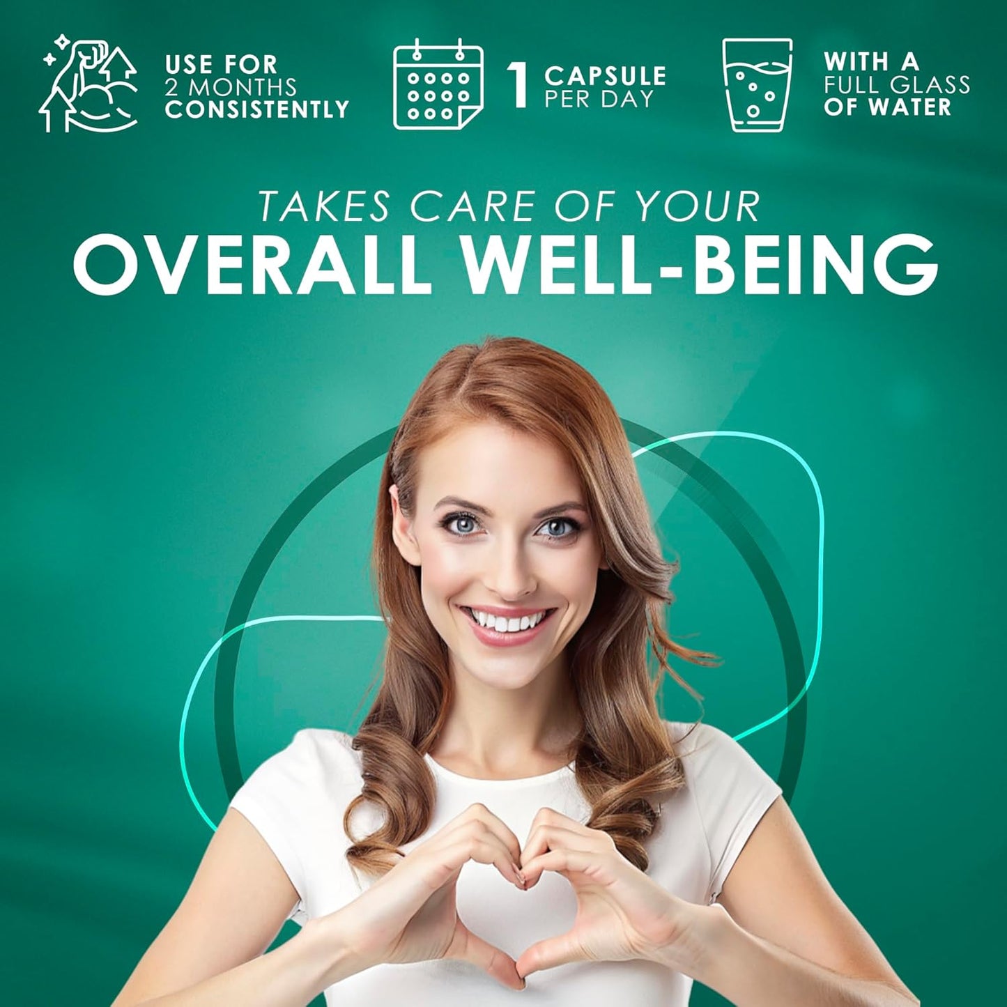 Woman making a heart shape with her hands on a green background with health and wellness text.