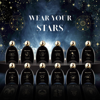 Bellavita perfume bottles with starry night background and 'Wear Your Stars' text